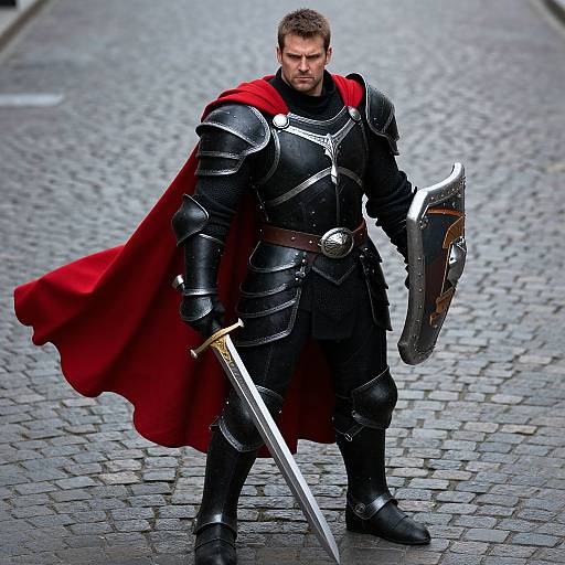 Medieval Knight in Black Armor with Sword and Shield on Cobblestone Street