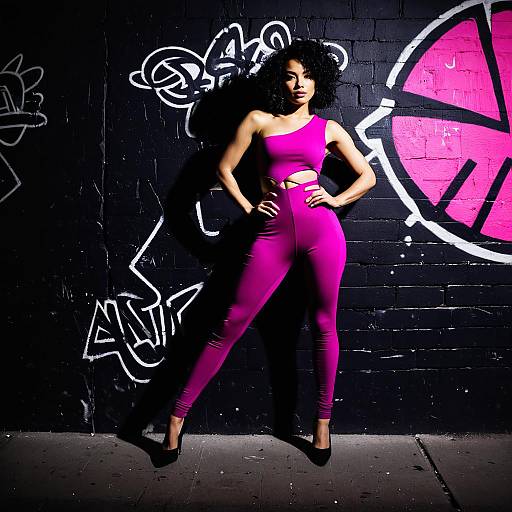 Confident Woman in Purple Jumpsuit Posing by Graffiti Wall