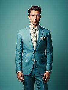 Man in Stylish Summer Wedding Outfit Blue Suit Photorealistic Studio Portrait