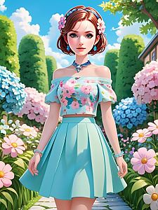 Woman in Floral Outfit in Vibrant Garden