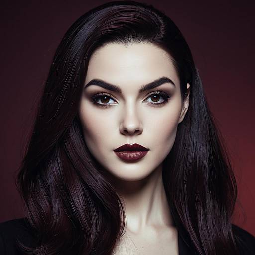 Portrait of Woman with Dark Hair and Burgundy Lipstick on Maroon Background