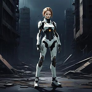 Futuristic Woman in Robotic Exoskeleton in Dystopian City