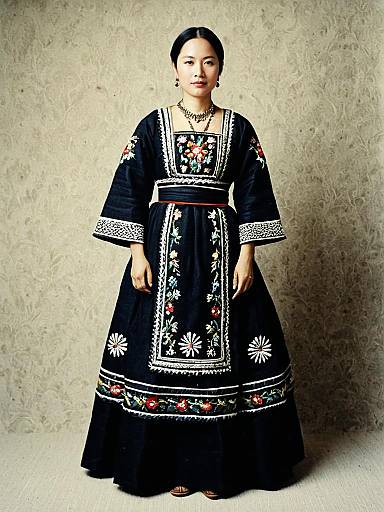 Woman in Traditional Embroidered Gown Full Body Portrait