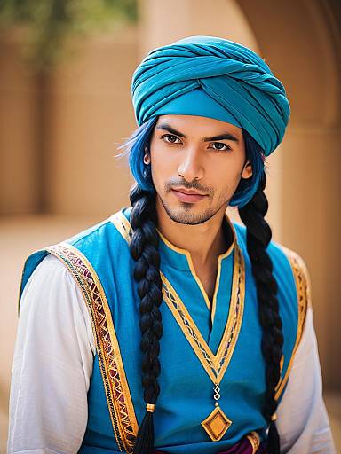 Aladdin-Inspired Man Wearing Traditional Blue Turban and Braided Hair