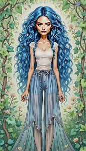 Woman with Blue Hair in Floral Fantasy
