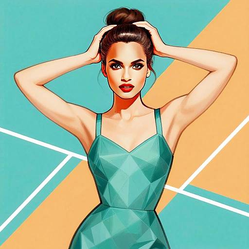 Stylish Young Woman in Teal Dress with Geometric Background