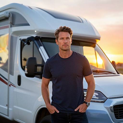 Man Standing by Camper Van at Sunset Outdoor Travel Lifestyle