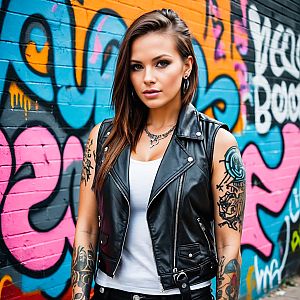 Confident Woman with Tattoos Against Graffiti Wall