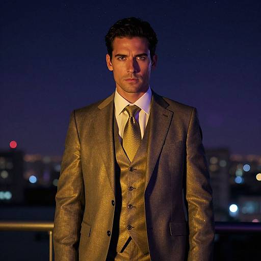 Man in Metallic Gold Suit Standing at Night with City Lights