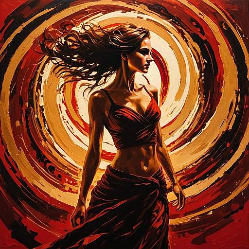 Digital Painting of Woman in Red Dress with Dynamic Swirling Background