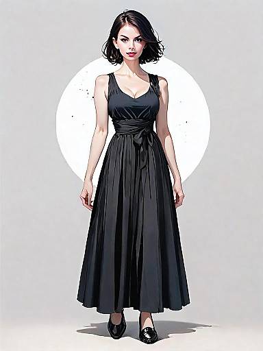 Realistic Digital Illustration of Woman in Full-Length Black Dress with Contemporary Style