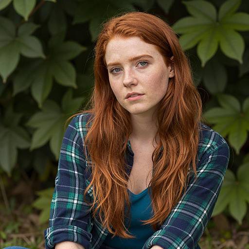 Portrait of Red-Haired Gen Z Woman in Plaid Shirt Outdoors