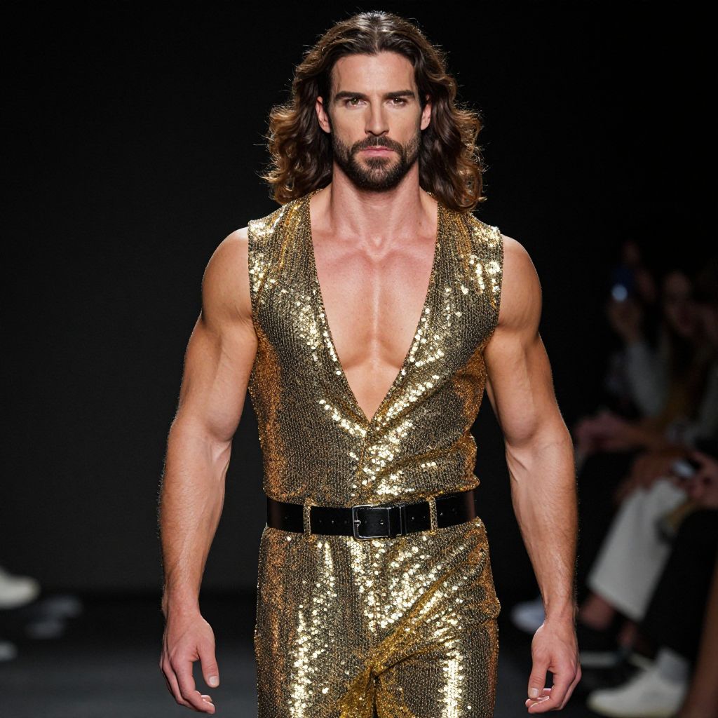 Male Model in Gold Sequin Jumpsuit on Runway