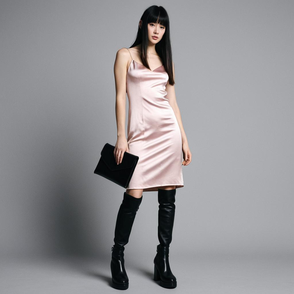 Woman in Minimalist Pale Pink Silk Slip Dress with Black Boots and Clutch