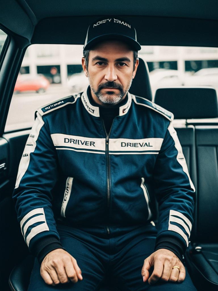 Man in Navy Racing Suit Inside Vehicle