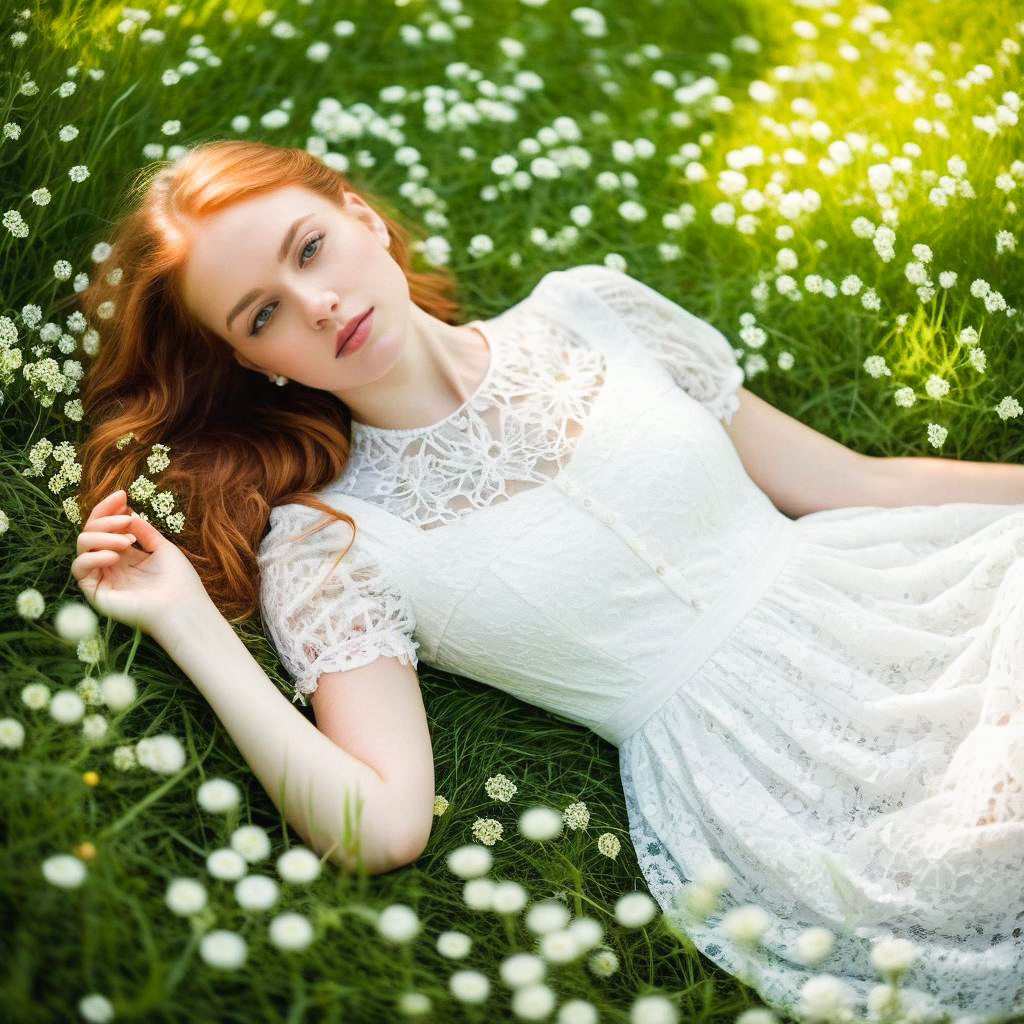 Serene Young Woman in White Lace Dress on Grass
