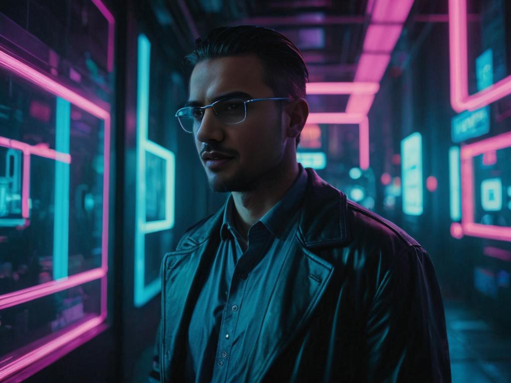 Cyberpunk Man in Neon Urban Scene