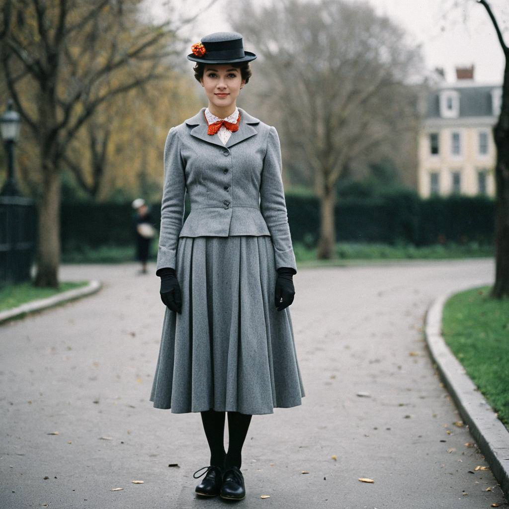Vintage-inspired woman in grey outfit with floral hat