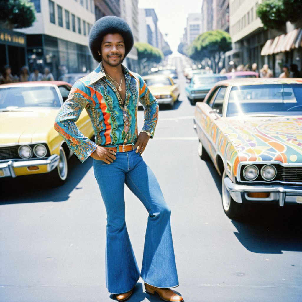 Stylish Man in Retro 1970s Outfit with Classic Cars