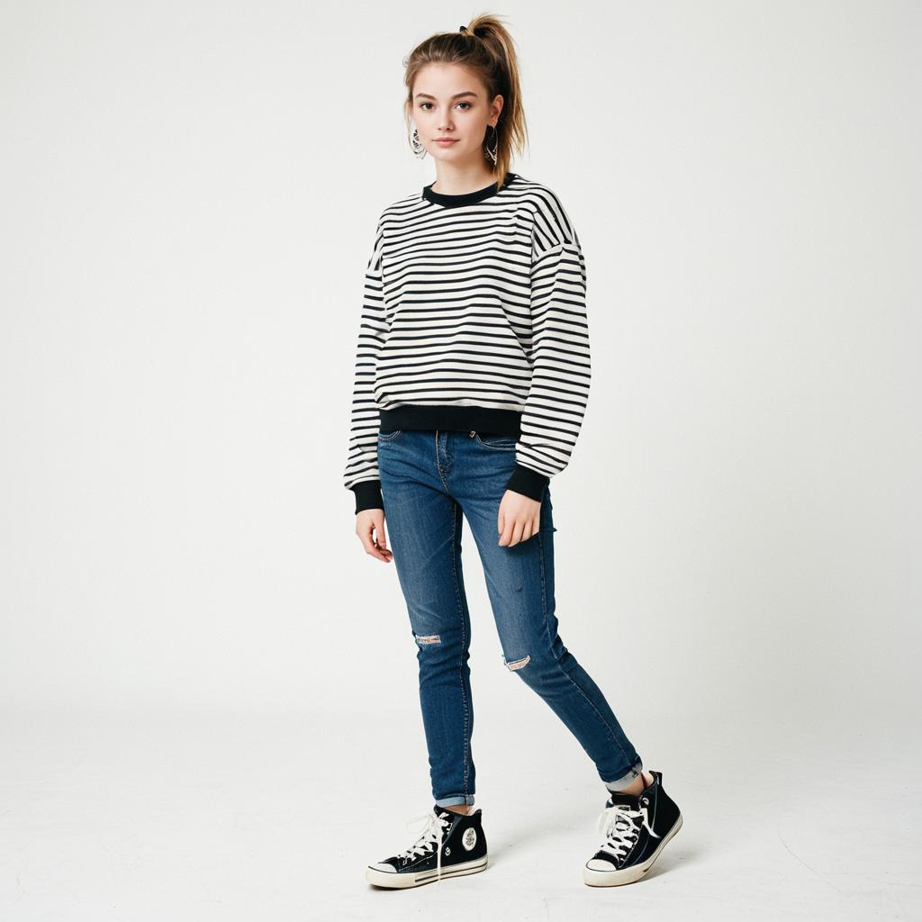 Young Woman in Casual Striped Sweater and Jeans on White Background