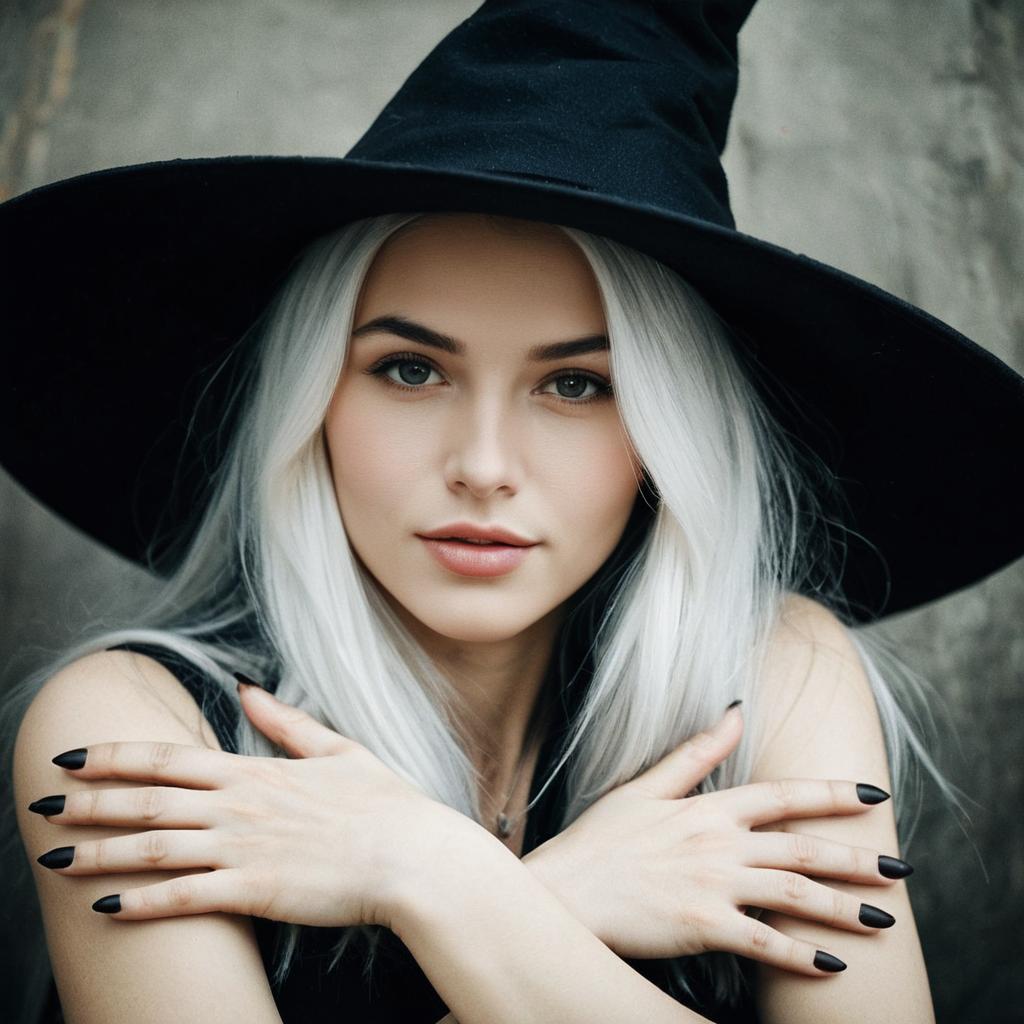 Mysterious Young Woman in Black Witch Hat