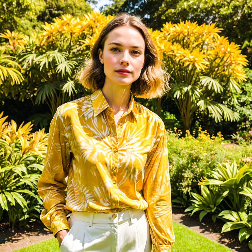 Confident Woman in Vibrant Yellow Garden