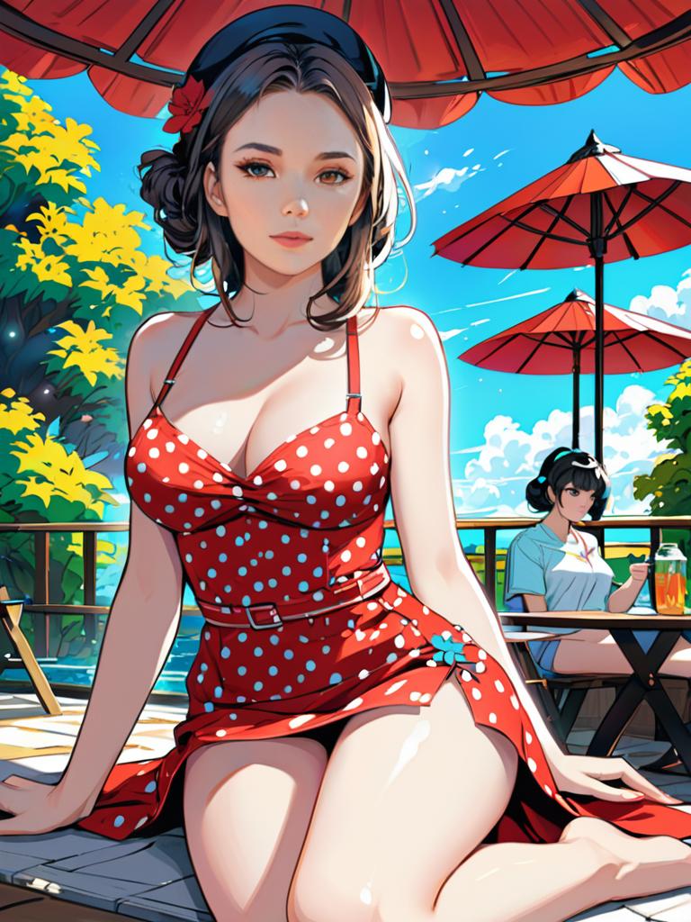 Anime woman in red polka dot dress under blue sky