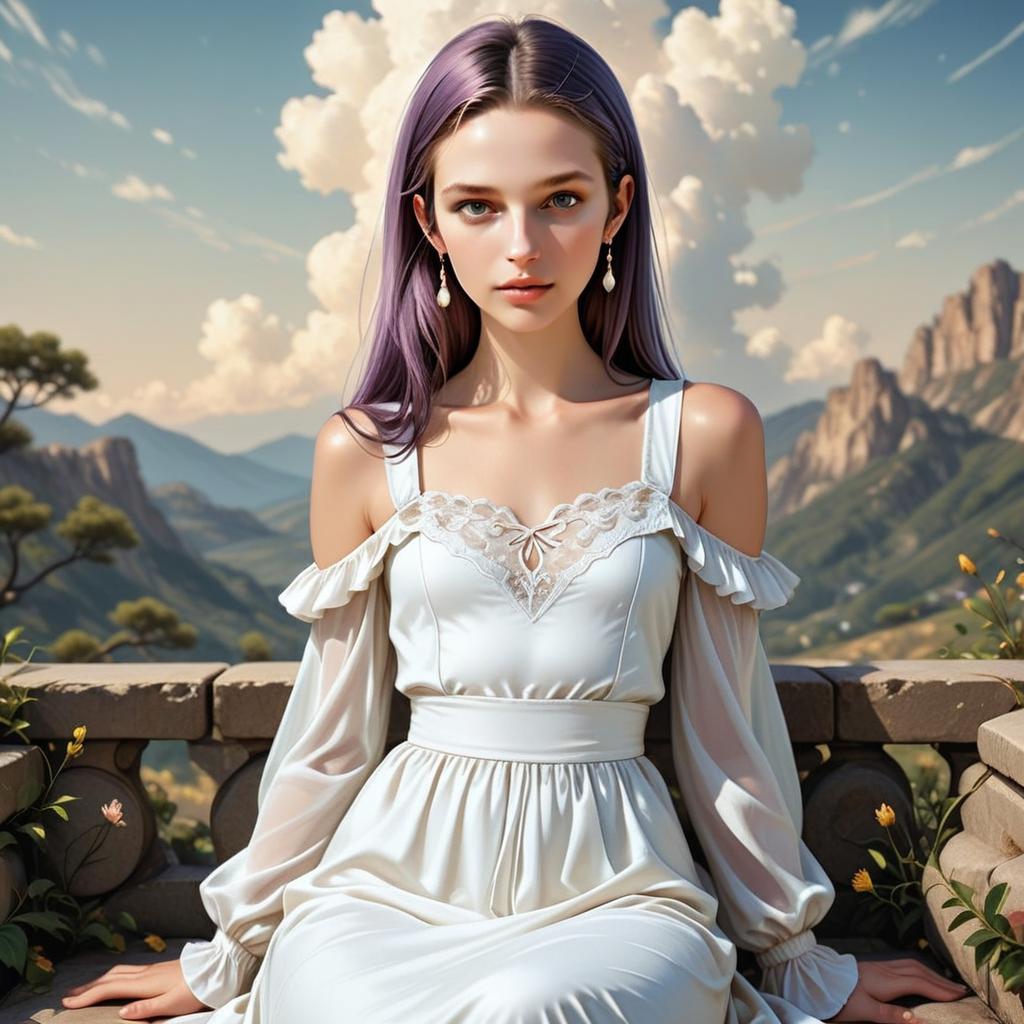 Young Woman with Lavender Hair on Stone Balcony