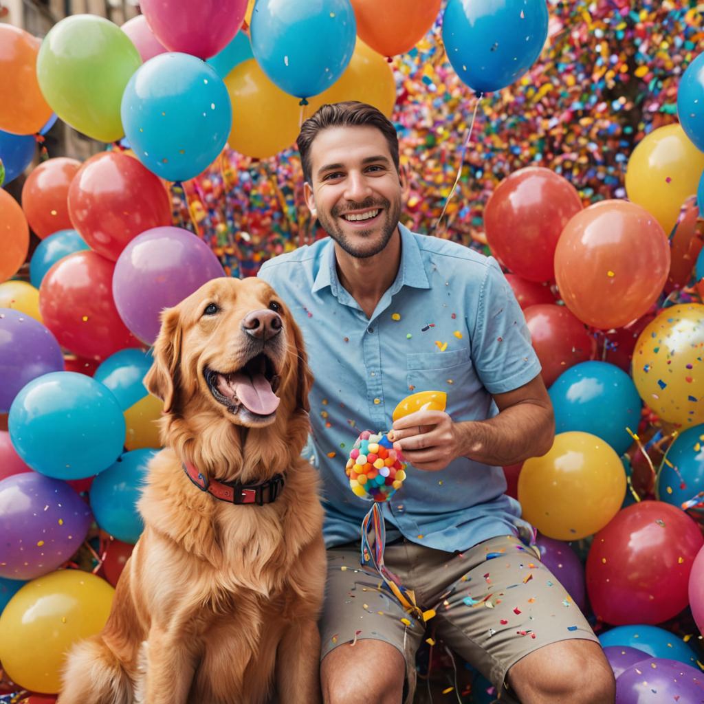 Man and Golden Retriever Celebrating Birthday