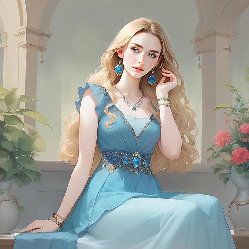 Elegant Young Woman in Blue Dress with Sapphire Jewelry Illustration