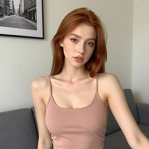 Young Red-Haired Woman in Pink Tank Top Casual Indoor Portrait Gen Z Style