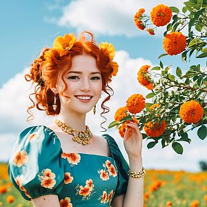 Young Woman with Red Hair and Orange Flowers