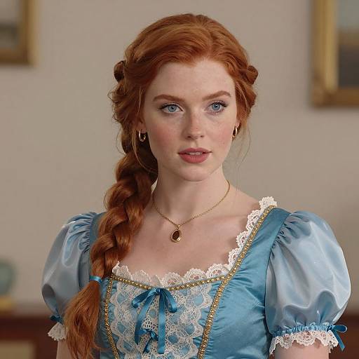 Elegant Red-Haired Woman in Vintage Blue Dress with Braid Hairstyle
