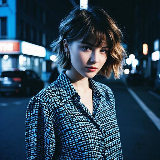 Young Woman in Blue Patterned Shirt on Night Urban Street
