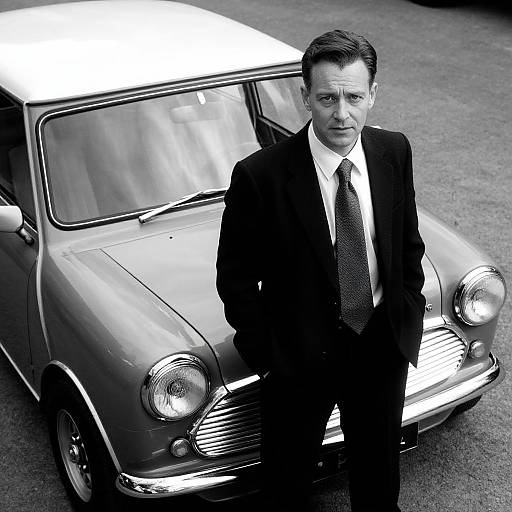 Man in Formal Suit Standing Next to Classic Mini Cooper Car Black and White