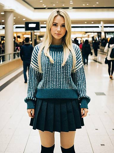 Blonde Woman in Blue Sweater and Skirt Standing in Shopping Mall