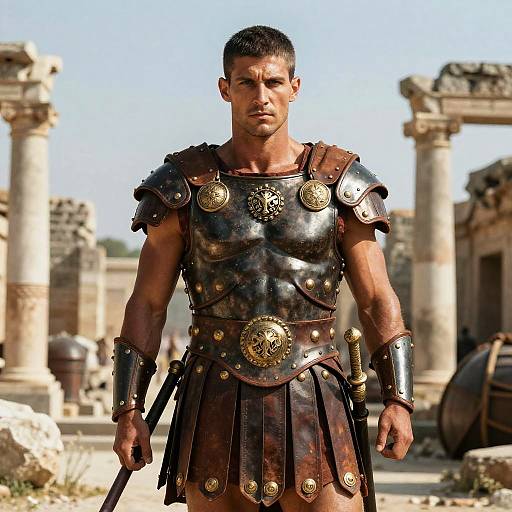 Roman Soldier in Bronze Armor Among Ancient Ruins