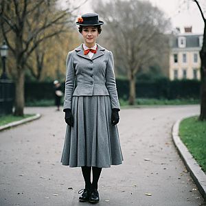 Vintage-inspired woman in grey outfit with floral hat