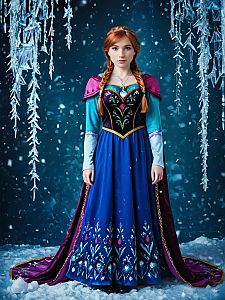 Woman in Vibrant Costume in Snowy Fantasy Scene