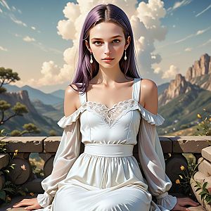 Young Woman with Lavender Hair on Stone Balcony