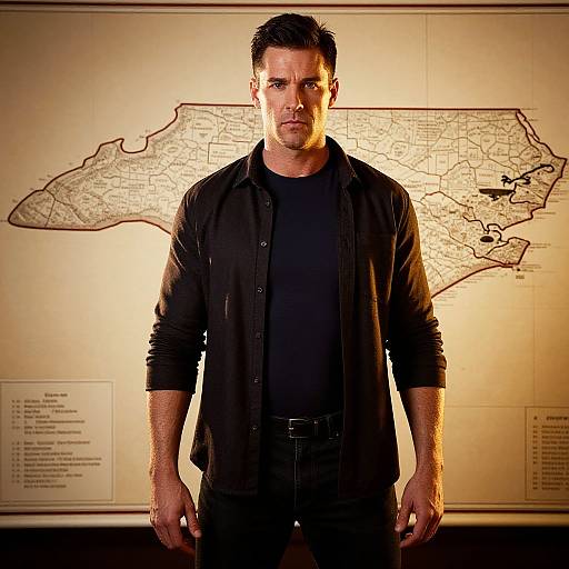 Man Standing Confidently in Front of Vintage North Carolina Map