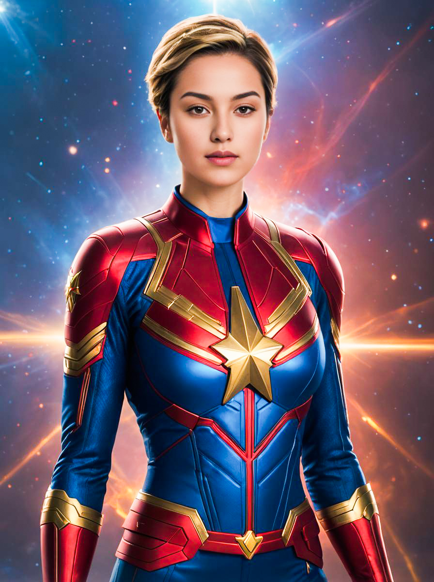 Woman in Captain Marvel Costume Against Cosmic Background