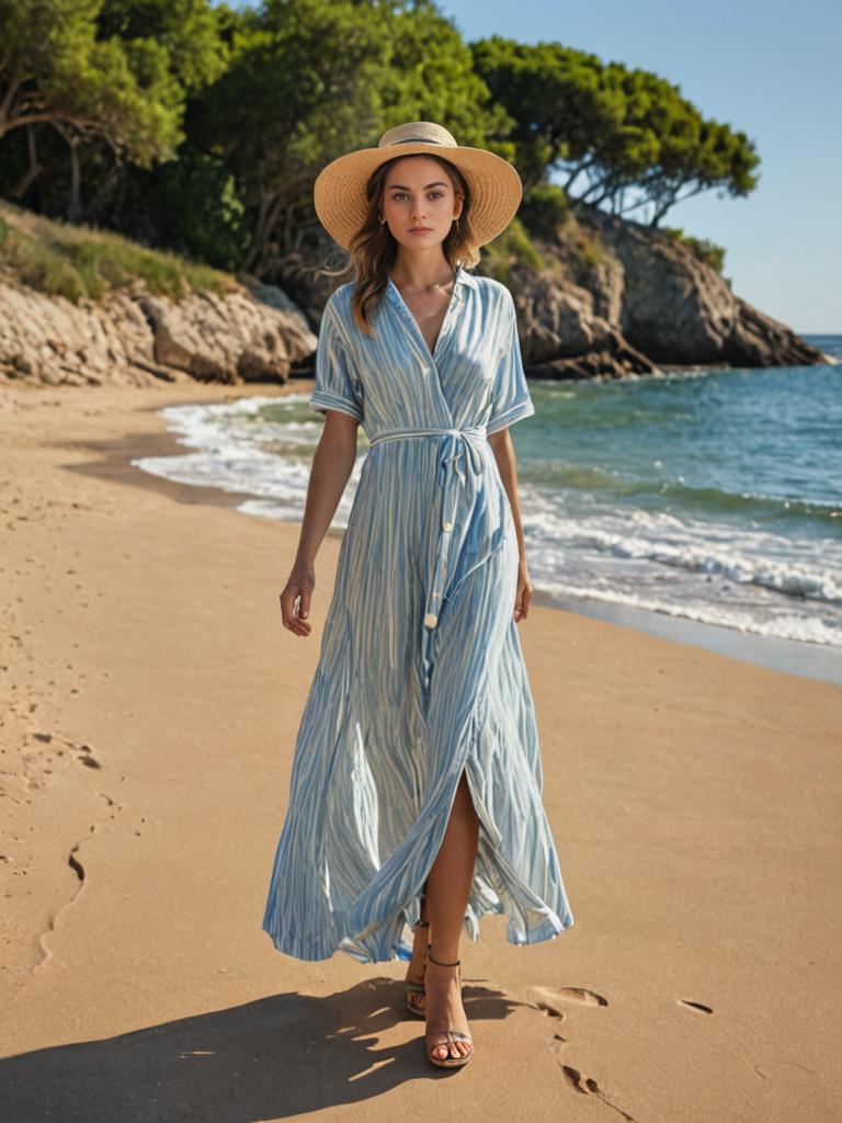 Woman in Light Blue Dress Strolling on Serene Beach