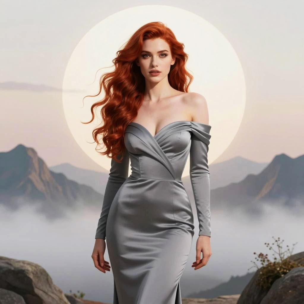 Elegant Woman with Red Hair in Silver Satin Dress Against Mountain Sunrise