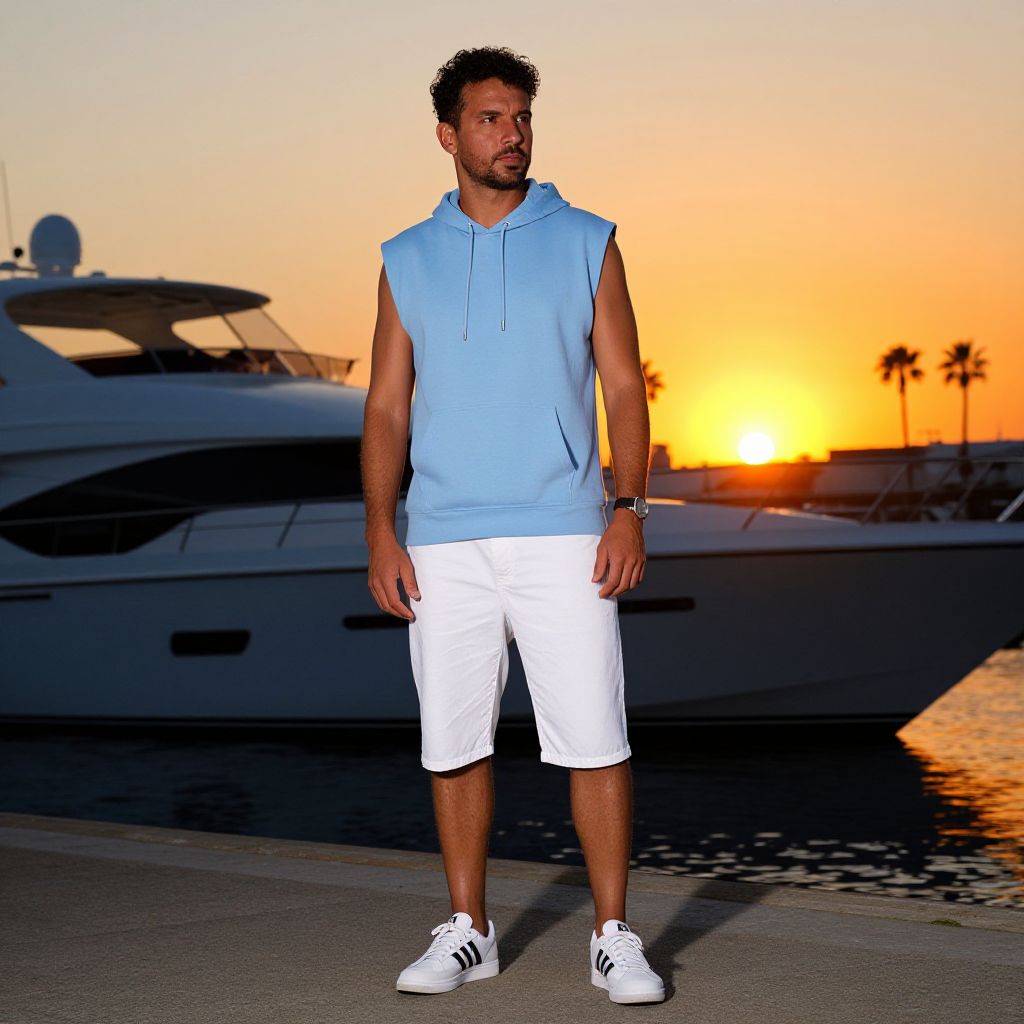 Man in Casual Summer Outfit by Yacht at Sunset