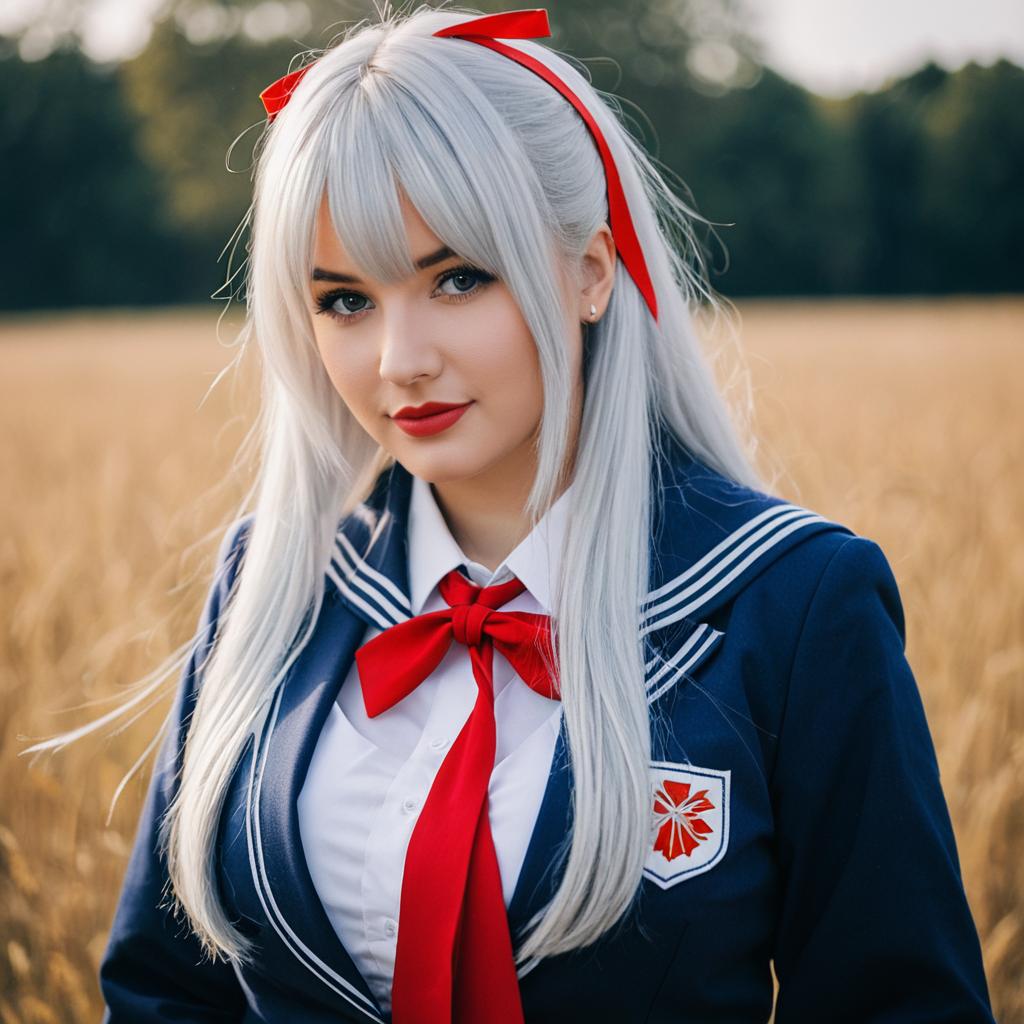 Woman in Anime-Inspired Navy Blue Sailor Uniform with Silver Hair and Red Ribbons