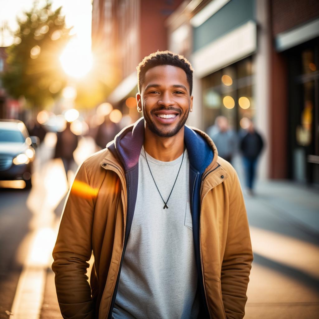 Young Man Smiling on Sunny City Street