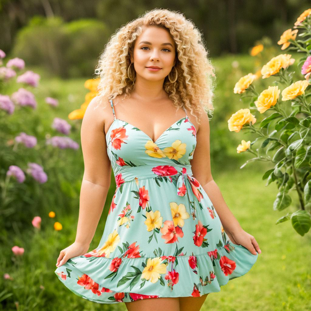 Cheerful woman in blue dress in floral garden