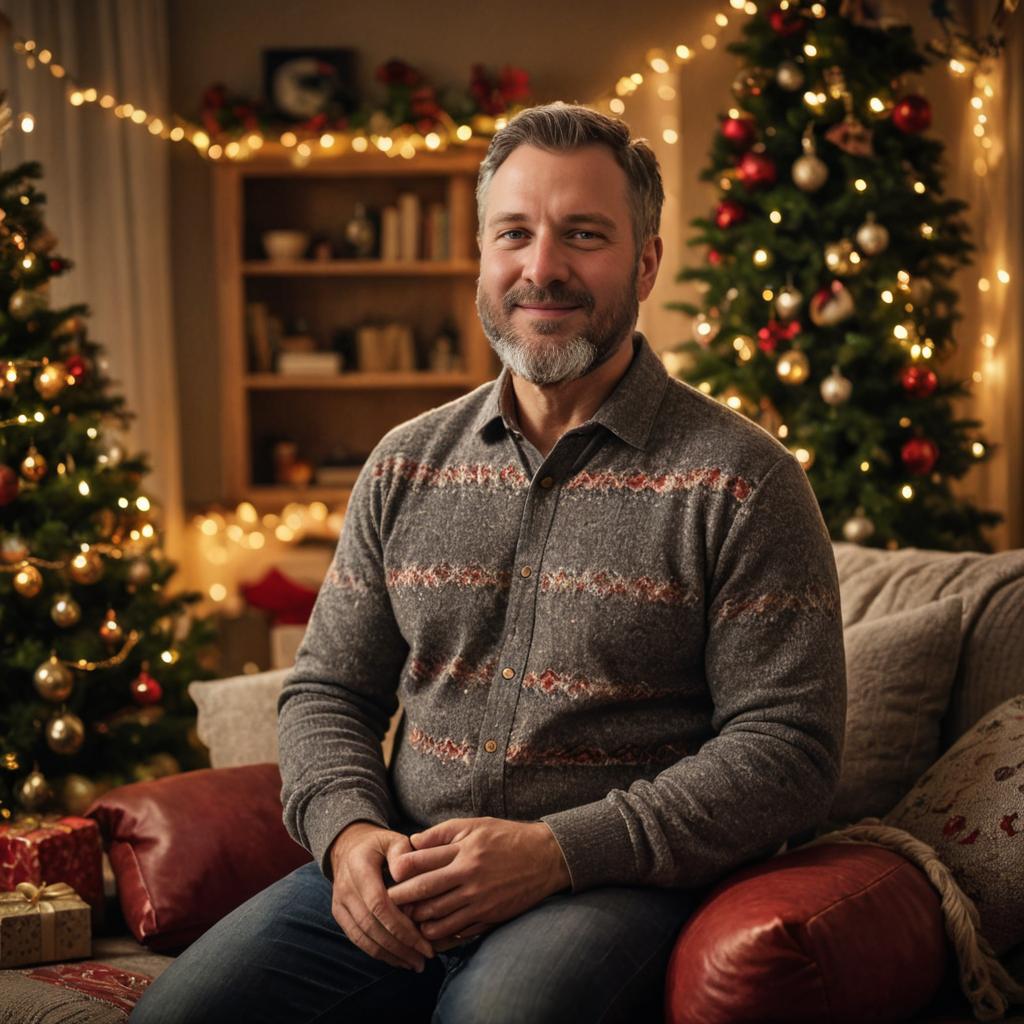 Smiling man in cozy sweater with Christmas decor