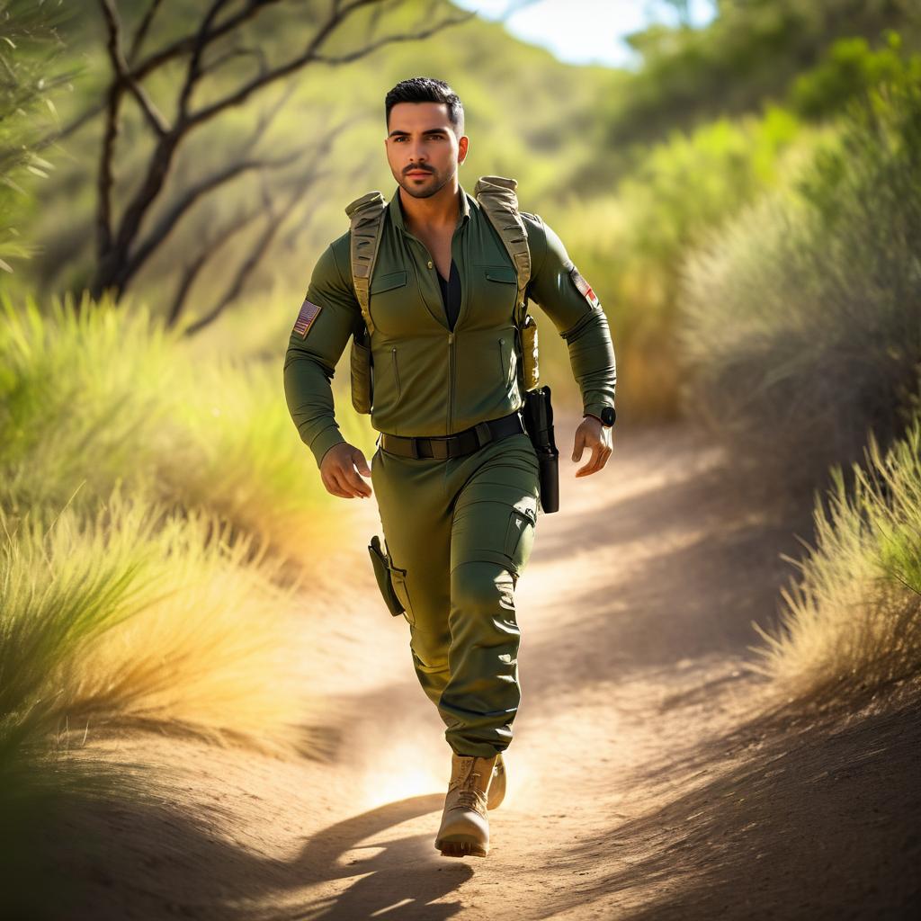 Confident Man in Tactical Attire on Sunlit Trail